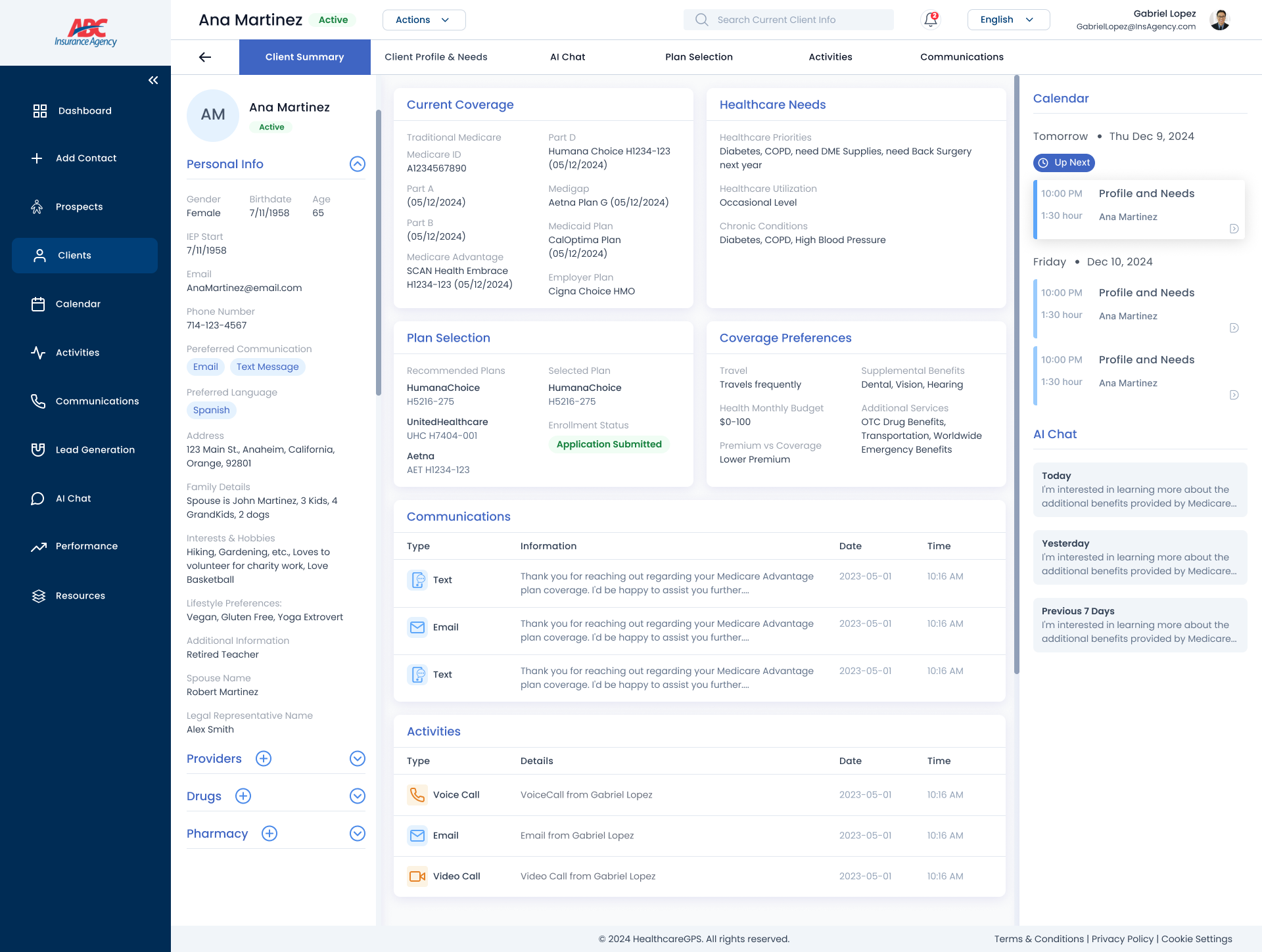MedicareCopilot CRM dashboard showing client management, automated campaigns, and unified interaction history