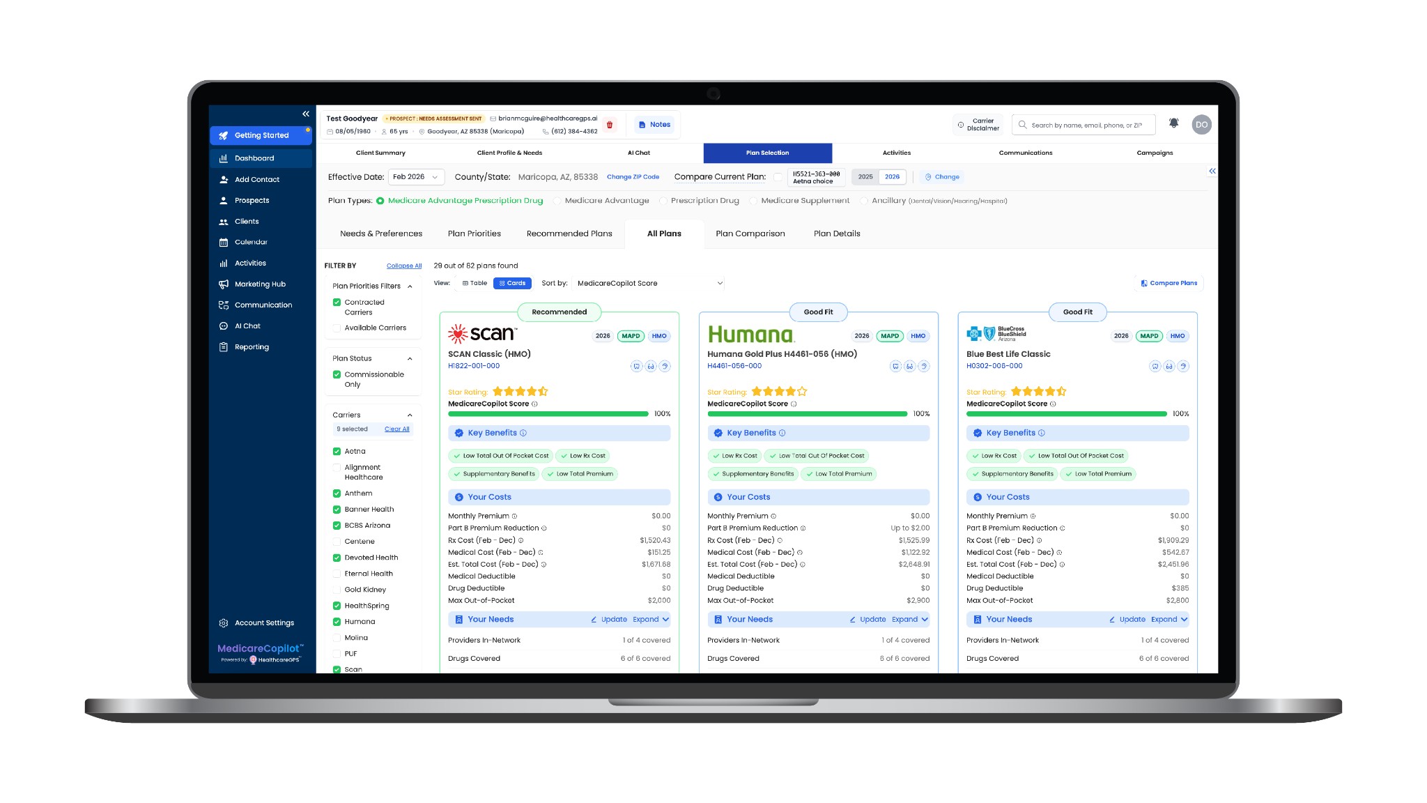 MedicareCopilot welcome view with prospects, clients, and tutorials